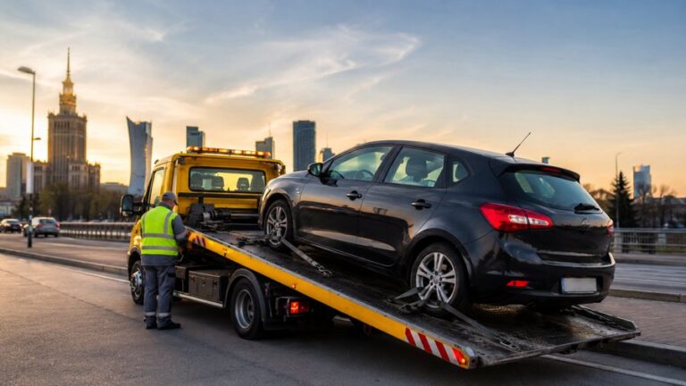 Laweta transportująca samochód osobowy na terenie Warszawy podczas pomocy drogowej